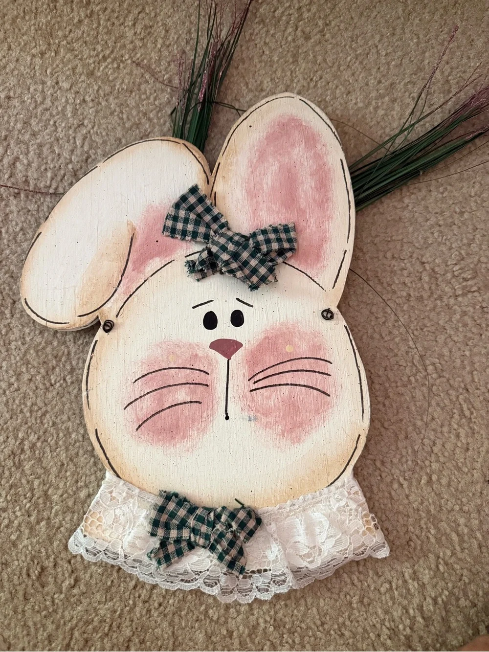 Wooden Pink Bunny door hanger with Lace and Plaid Bows
